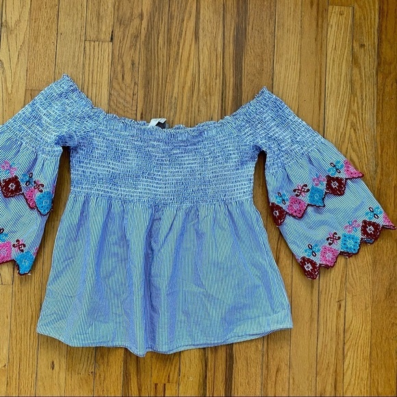 LOFT Blue & Pink Striped Off Shoulder Top Bell Sleeves - Picture 2 of 7